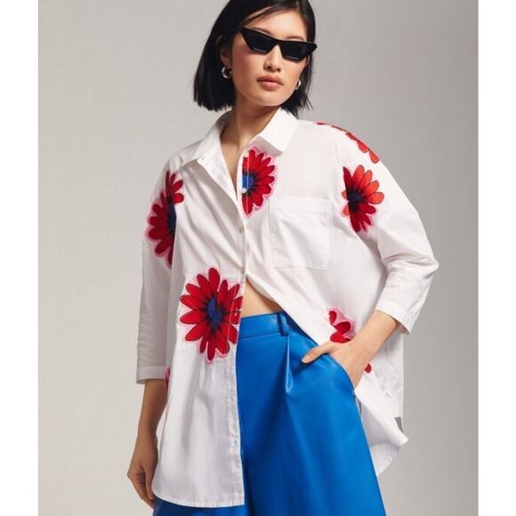 Anthropologie x Maeve Alameda Beaded Embroidered Floral Button Down Size M/L - Picture 1 of 16